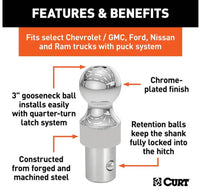 Curt OEM Puck System 3" Gooseneck Ball, Chevy, Ford, GMC, Nissan, RAM, 30K  • 60628