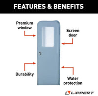 Lippert Right Hinge RV Radius Entry Door with Screen Door with Drip Cap & Threshold - 24" x 68", Polar White  • V000042326