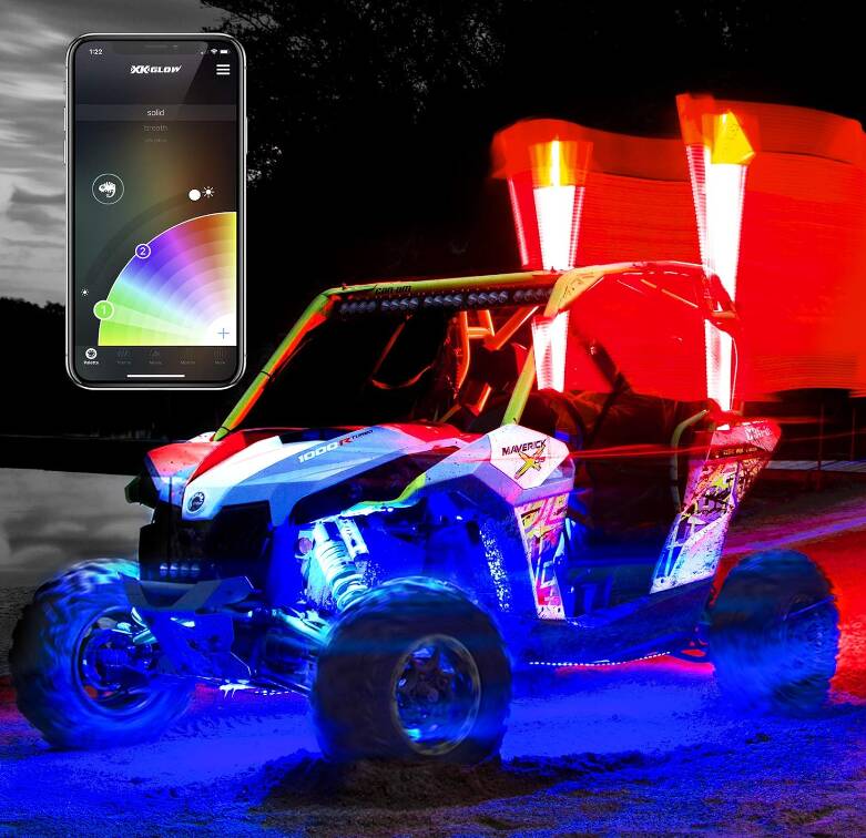 XK Glow Side by Side UTV 4' Whip Kit, XKChrome Smartphone App, Pair  • XK-WHIPB-ADV