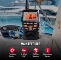 Cobra 3 Watt Handheld Floating VHF Marine Radio with NOAA Weather  • MRHH150FLT
