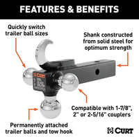Curt Multi-Ball Mount w/ Hook, 2" Solid Shank, 1-7/8", 2" & 2-5/16" Chrome Balls  • 45675