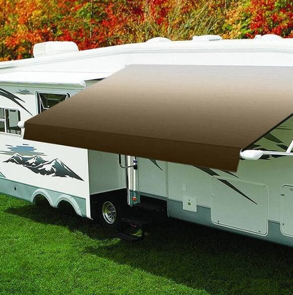 Carefree Eclipse 18' W x 8' Ext Camel Shale Fade Vinyl Power RV Patio Awning Roller Assembly with White Vinyl Weather Shield & White End Caps  • QJ186B00