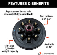 Lippert 12" RV Brake Drum Hub Assembly for 7,000-lb. Axle - 8 on 6.5", 1/2" Stud, Fully Assembled  • 814203