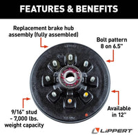 Lippert RV Brake Drum Hub Assembly for 7,000-lb. Axle - 8 on 6.5", 9/16" Stud, Fully Assembled  • 814204