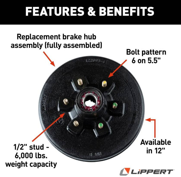 Lippert 12" RV Brake Drum Hub Assembly for 6,000-lb. Axle - 6 on 5.5", 1/2" Stud, Fully Assembled  • 814202