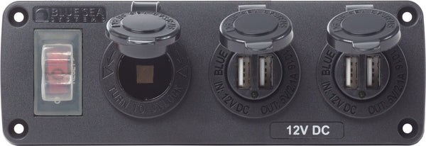 Blue Sea Water Resistant USB Accessory Panel - 15A Circuit Breaker, 12V Socket, 2x 2.1A Dual USB Chargers  • 4365-BSS