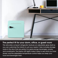 Magic Chef 1.6 Cubic Feet Retro Style Mini Fridge, Mint Green  • MCR16CHM