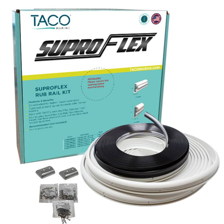 Taco 60' L x 2" H x 29/32" T Frosty White Vinyl Rub Rail Kit with Flex Chrome Insert  • V11-9990WCM60-2
