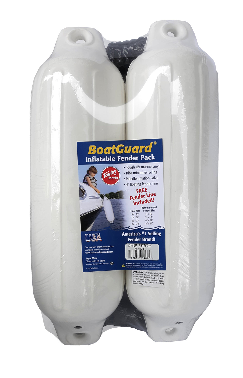 Taylor Made Boatguard 4" D x 16" L White Twin Eye Cylindrical Inflatable Fender with Black Rope - 2 Pack  • 310132P