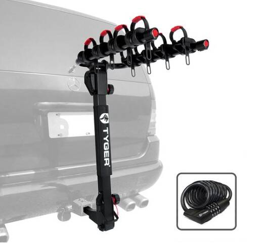 Tyger Auto Deluxe 4-Bike Carrier Rack With Hitch Pin Lock & Cable Lock • TG-RK4B102B