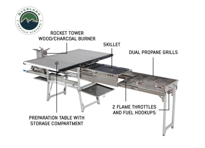 Overland Vehicle Systems Komodo Camp Kitchen - Dual Grill, Skillet, Folding Shelves, and Rocket Tower - Stainless Steel  • 30100001