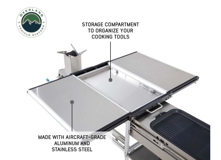 Overland Vehicle Systems Komodo Camp Kitchen - Dual Grill, Skillet, Folding Shelves, and Rocket Tower - Stainless Steel  • 30100001