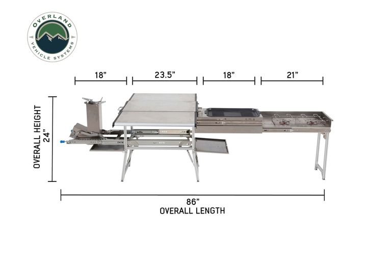 Overland Vehicle Systems Komodo Camp Kitchen - Dual Grill, Skillet, Folding Shelves, and Rocket Tower - Stainless Steel  • 30100001