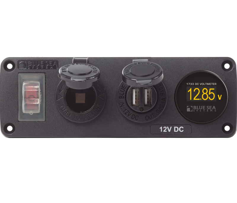 Blue Sea Water Resistant USB Accessory Panel - Circuit Breaker, 12V Socket, Dual USB Charger, Mini Voltmeter  • 4366-BSS