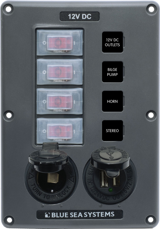 Blue Sea Circuit Breaker Switch Panel 4 Position - Gray W/12V Socket & Dual USB  • 4321-BSS