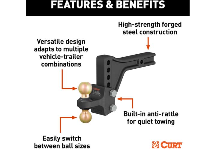 Curt HD Adjustable Trailer Hitch Ball Mount with Dual Ball, 2 1/2