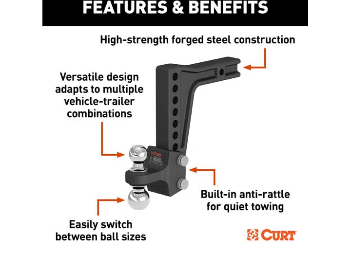 Curt Deep-Drop Adjustable Trailer Hitch Ball Mount with Dual Ball, 2