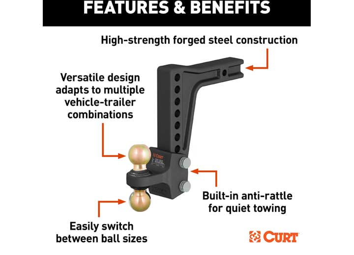 Curt Hd Deep-drop Adjustable Hitch Ball Mount With Dual Ball, 2 1/2in Shank, 20k  • 45939