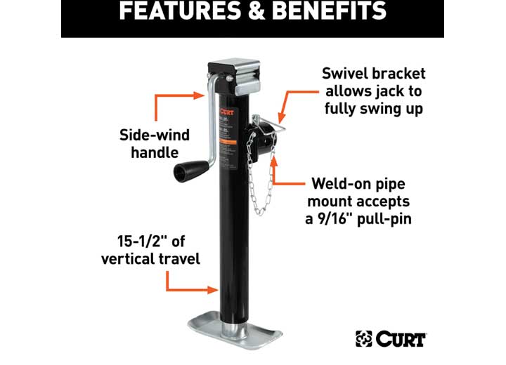 Curt Pipe-Mount Swivel Jack with Side Handle, 5,000 LBS, 15