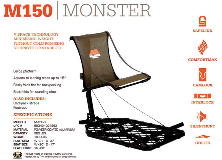 Millennium M150 Monster Hang On Tree Stand with Adjustable Seat Height  • M-150-SL