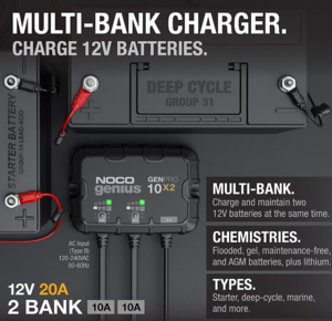 Noco 2-Bank, 20-Amp On-Board Battery Charger, Battery Maintainer, and Battery Desulfator  • GENPRO10X2