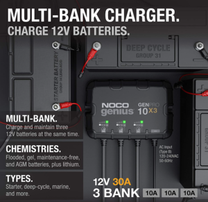 Noco 3-Bank, 30-Amp On-Board Battery Charger, Battery Maintainer, and Battery Desulfator  • GENPRO10X3