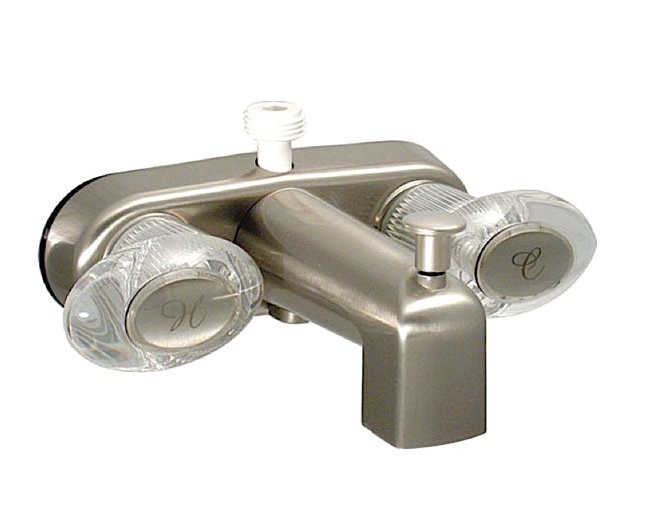 Valterra Catalina Tub/Shower RV Faucet, “D” Spud, Spout Diverter, Brushed Nickel w/ Clear Acrylic Lever Handles  • PF223461