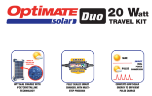 Optimate Solar Duo Panel 20W Travel Kit, 6-Step 12V/12.8V/1.6A, Weatherproof Solar Battery Saving Charger/Maintainer  • TM-522-D2TK