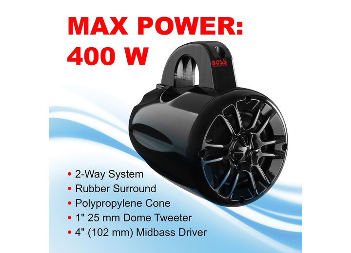 BOSS Marine Weatherproof Waketower System - 4 Inch Stereo Speakers, Full Range, 2 Way, IPX5 Rated, Pair  • MRWT40