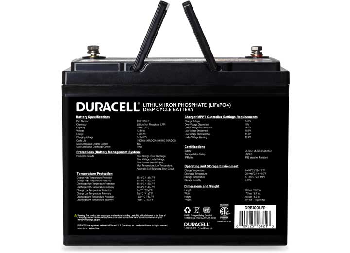 Duracell Lithium-Iron Phosphate Deep Cycle 12.8V 100 Ah Battery  • DRB100LFP