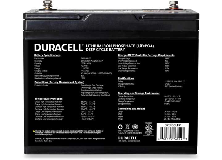 Duracell Lithium-Iron Phosphate Deep Cycle 12.8V 100 Ah Battery  • DRB100LFP