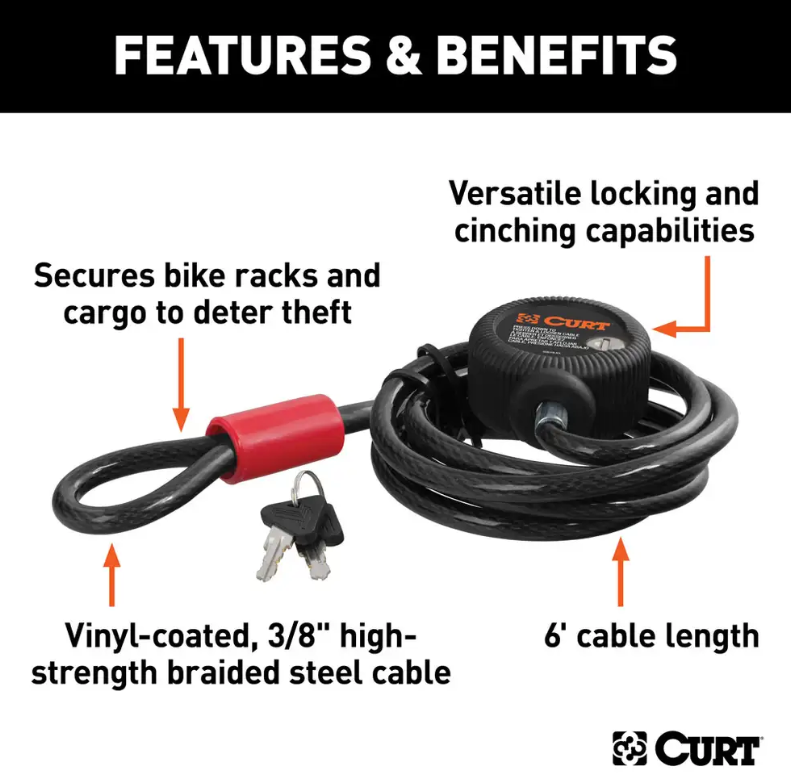 Curt Cable Lock, Vinyl-Coated Braided Steel, 6' x 3/8