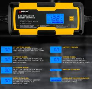 Wagan 6V and 12V 4.0A Intelligent Battery Charger, Battery Maintainer, Fully-Automatic Smart Charger • 7403