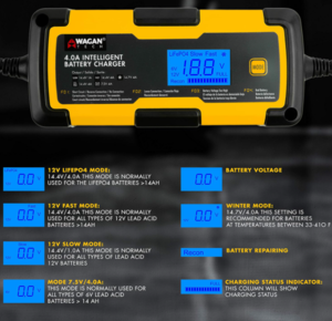 Wagan 6V and 12V 4.0A Intelligent Battery Charger, Battery Maintainer, Fully-Automatic Smart Charger  • 7403