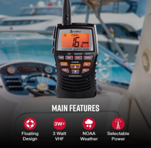 Cobra 3 Watt Handheld Floating VHF Marine Radio with NOAA Weather  • MRHH150FLT