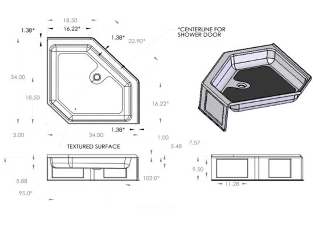 Specialty Recreation Shower Pan, Neo Angle, 34