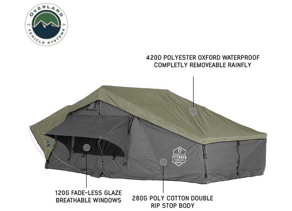 Overland Vehicle Systems HD Nomadic 3 Extended Soft Shell Roof Top Tent, Grey Body & Green Rainfly  • 18339936