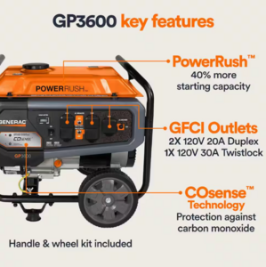 Generac GP3600 4500/3600-Watt Gasoline Powered Recoil Start Portable Generator with COSense • 7721
