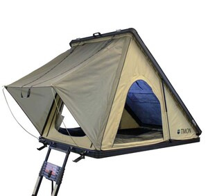 Overland Vehicle Systems LD TMON Clamshell Aluminum Hard Shell Roof Top Tent - 2 Person Capacity, Tan Body & Green Rainfly  • 18119935