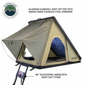 Overland Vehicle Systems LD TMON Clamshell Aluminum Hard Shell Roof Top Tent - 2 Person Capacity, Tan Body & Green Rainfly  • 18119935