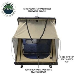 Overland Vehicle Systems LD TMON Clamshell Aluminum Hard Shell Roof Top Tent - 2 Person Capacity, Tan Body & Green Rainfly  • 18119935