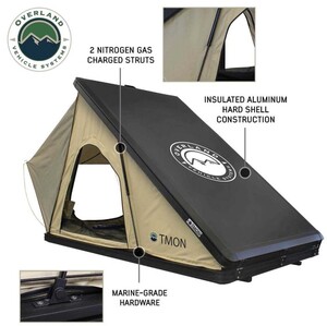 Overland Vehicle Systems LD TMON Clamshell Aluminum Hard Shell Roof Top Tent - 2 Person Capacity, Tan Body & Green Rainfly  • 18119935